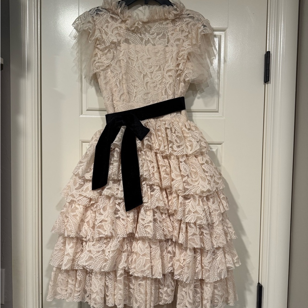 Joyfolie Cream Lace Dress with Black Sash